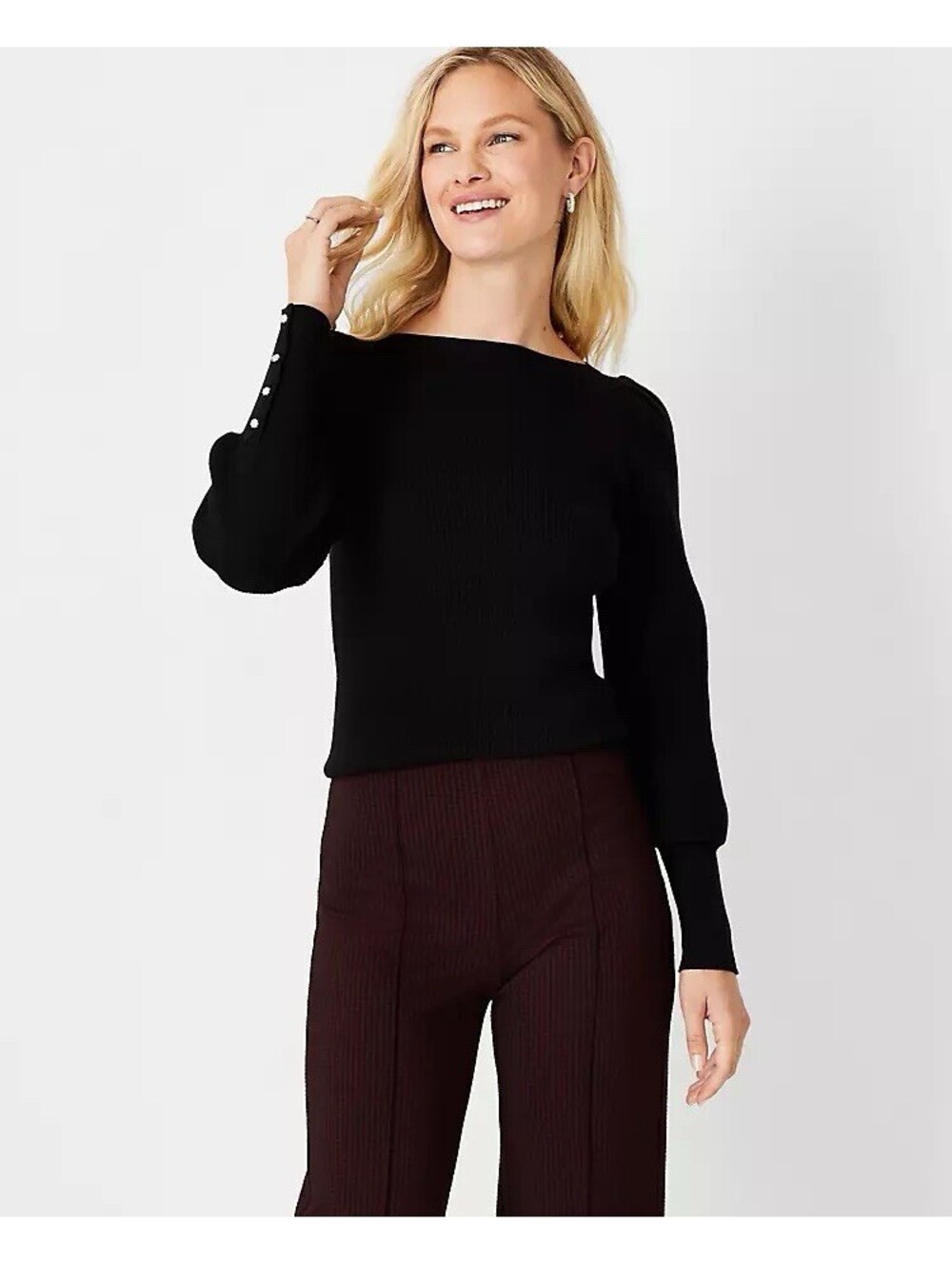 ANN TAYLOR NWT Women’s Jeweled Button Cuff Balloon Sleeve Sweater in Black-Small